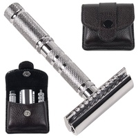 PARKER 4 PIECE TRAVEL SAFETY RAZOR AND LEATHER CASE SET